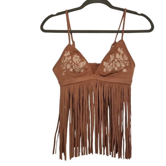 Suede Pink Fringe Bralette Embroidered Flowers Tank Top Forever 21 Nude Medium - Picture 1 of 12